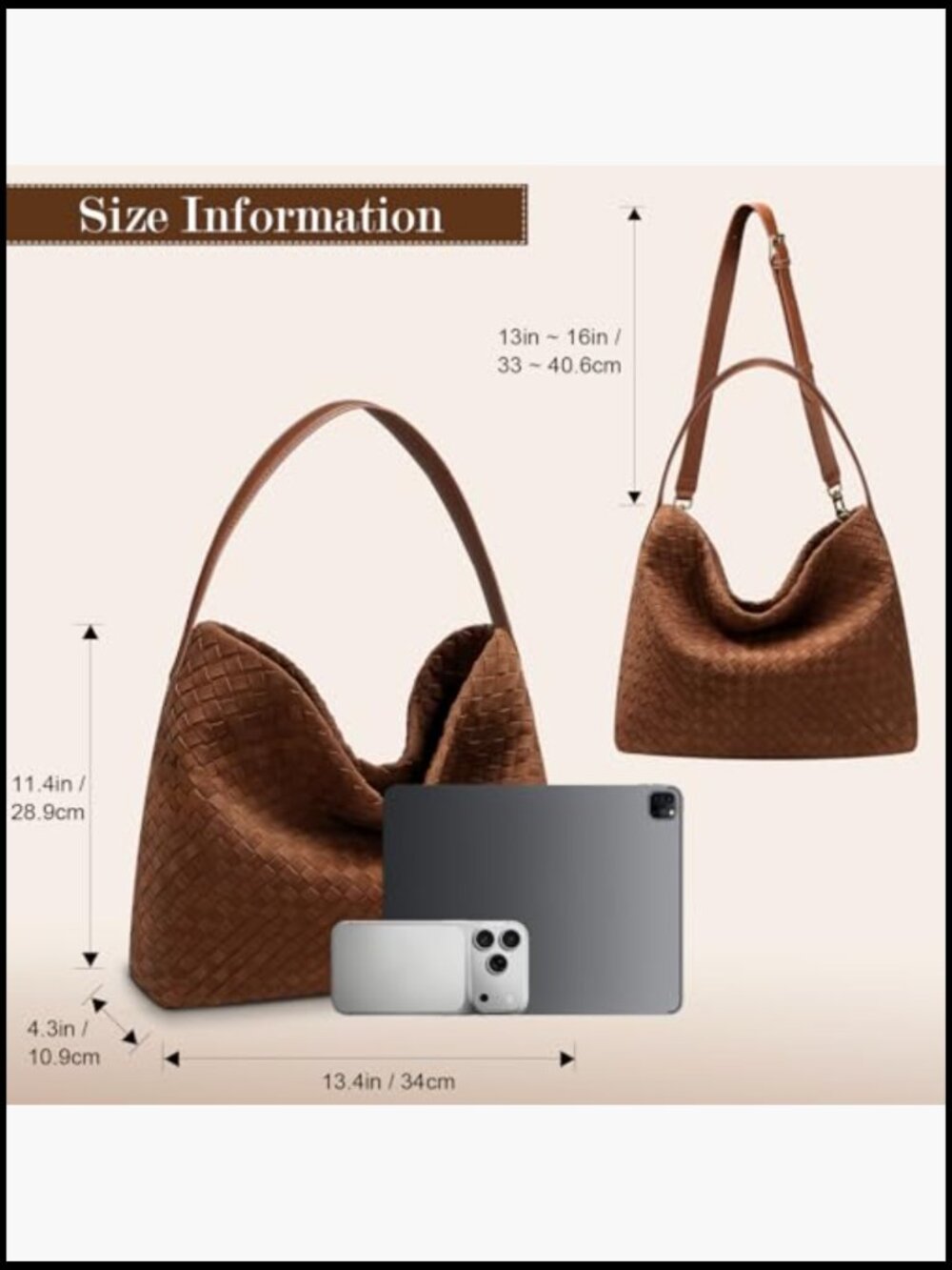 Slouchy Woven Hobo Bag Elegant Faux Suede Shoulder Tote Work Travel - Picture 4 of 7
